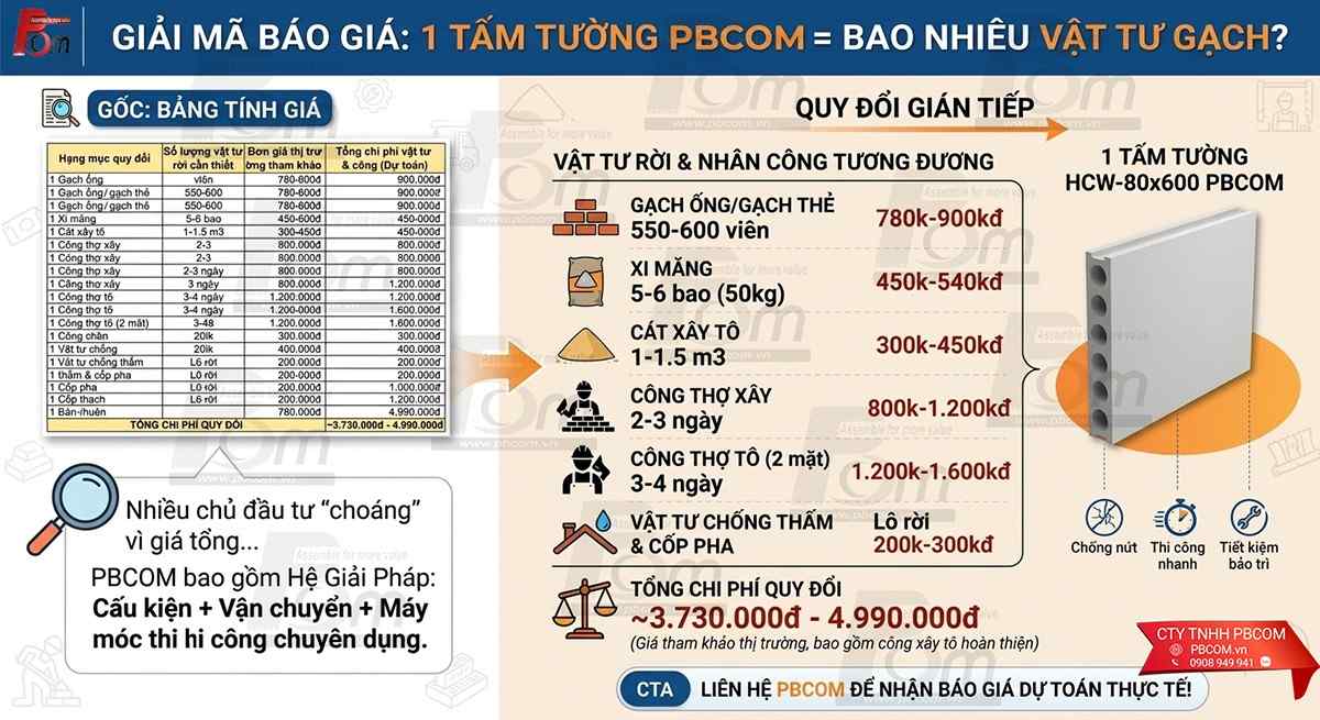 Infographic so sánh chi phí quy đổi gián tiếp để thay thế xây gạch truyền thống bằng PBCOM