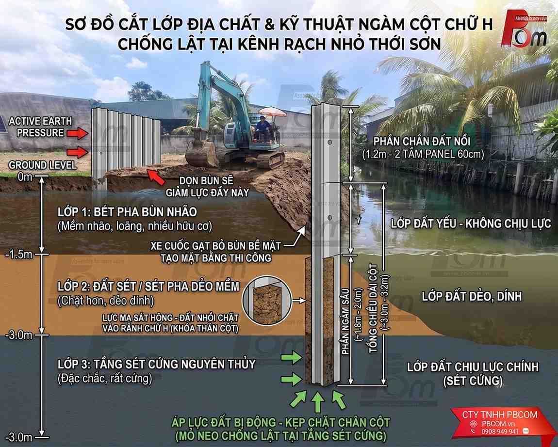 Sơ đồ cắt lớp địa chất và kỹ thuật ngàm chống lật cho kè chắn sạt lở bờ ao