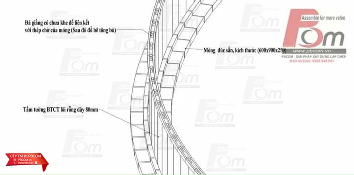 Bản vẽ kỹ thuật liên kết hệ móng đúc sẵn và tấm tường lõi rỗng làm bờ ao.
